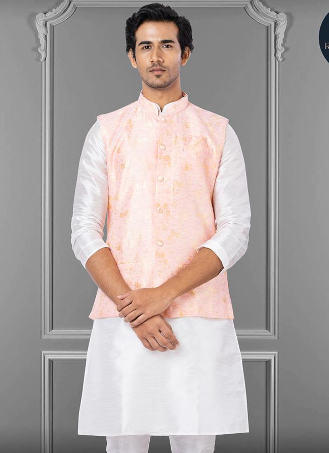 Linen Silk Baby Pink Festival Wear Embroidery Work Readymade Men's Waistcoat